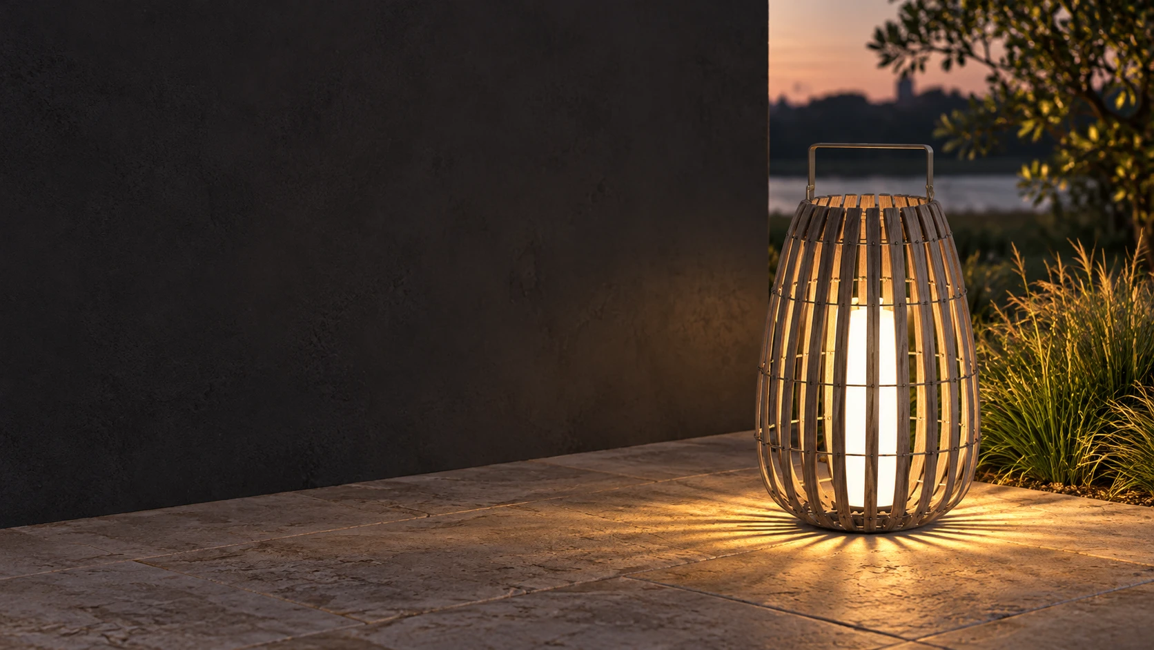 Benjiro open-frame garden lantern with a rectangular handle and warm vertical lighthero_1